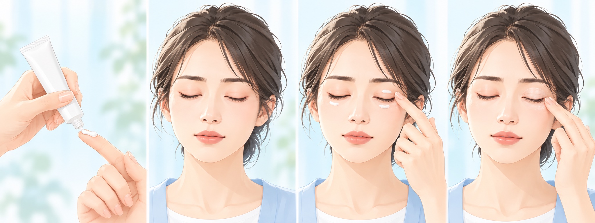 指先にクリームを出し、軽く目を閉じて上下のまぶたにのせ、やさしくなじませる四つの手順を描いたイラスト