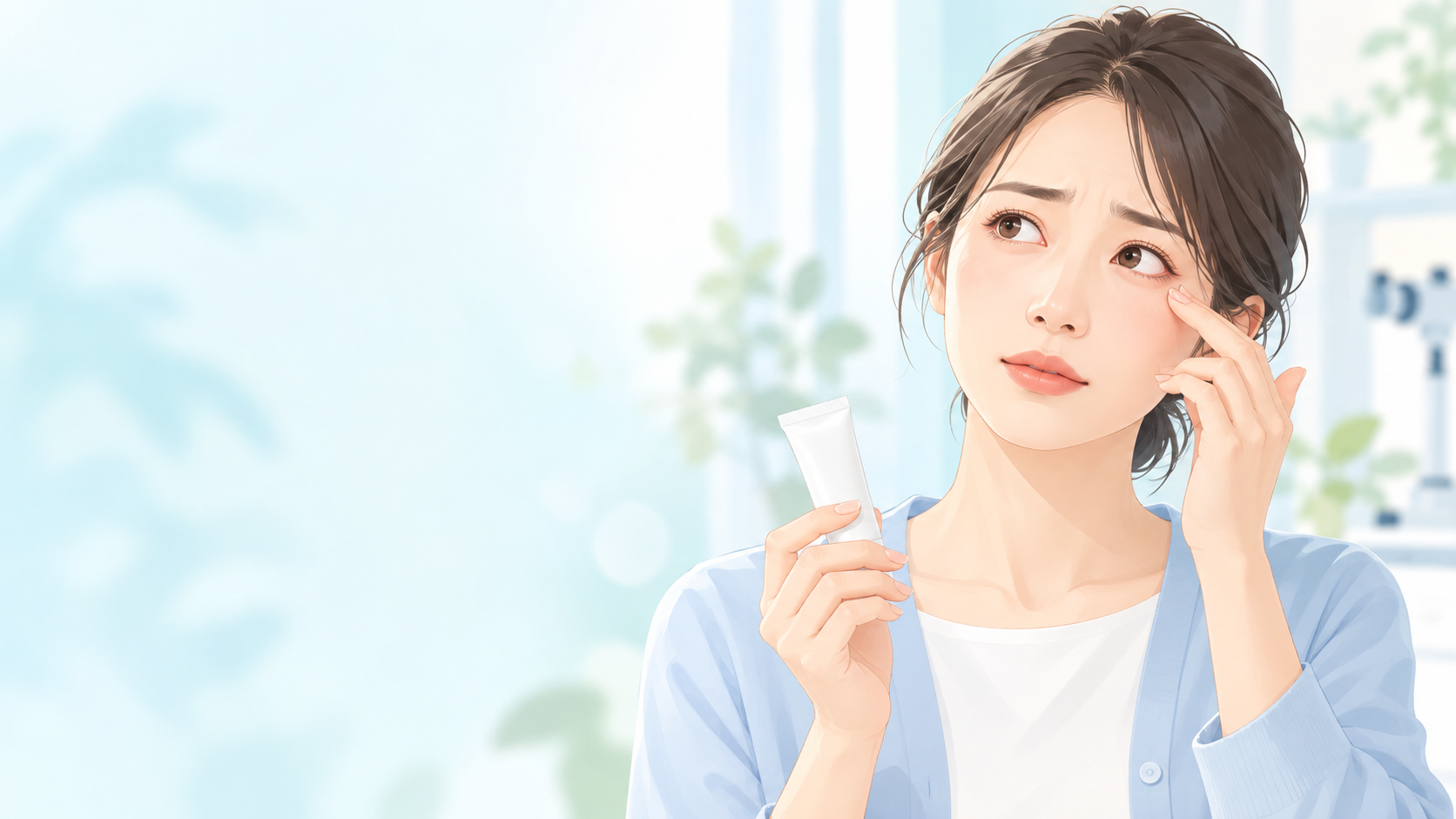 目元が気になる人と無地のクリームチューブのイラスト