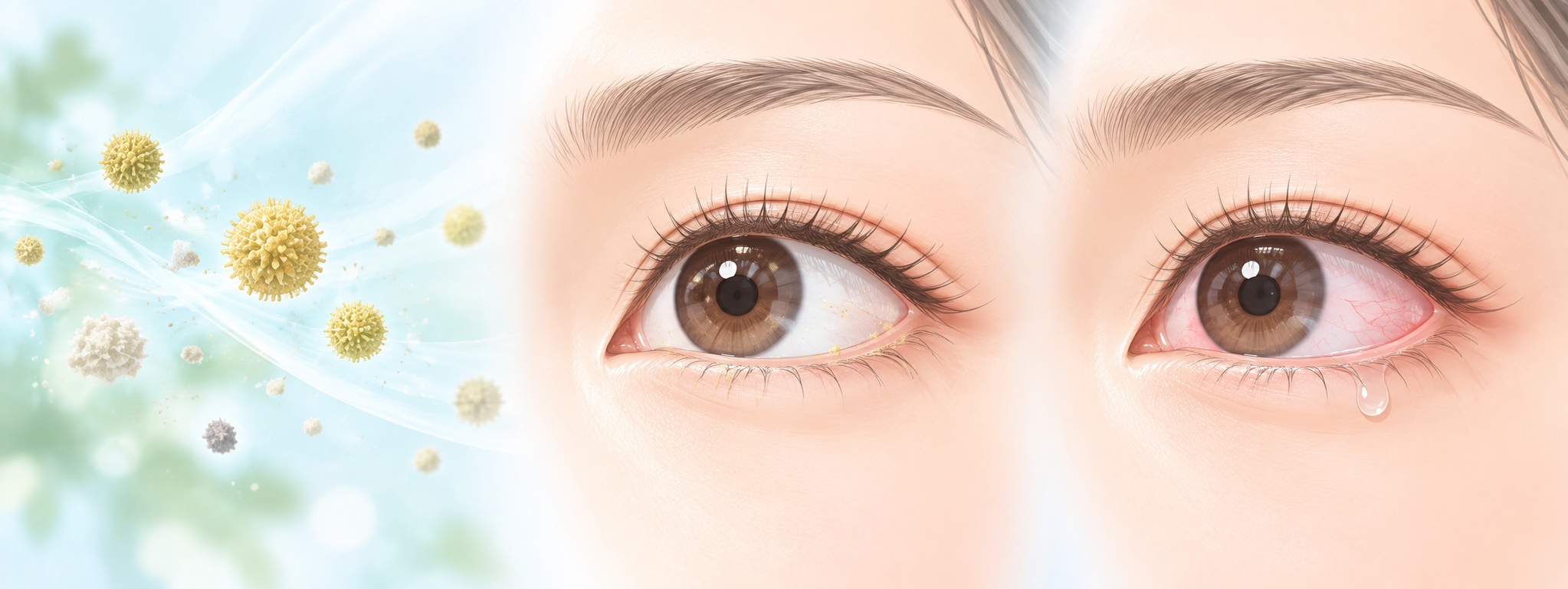 花粉などが目に触れ、アレルギー反応により目の赤みや涙が出る様子を描いたイラスト