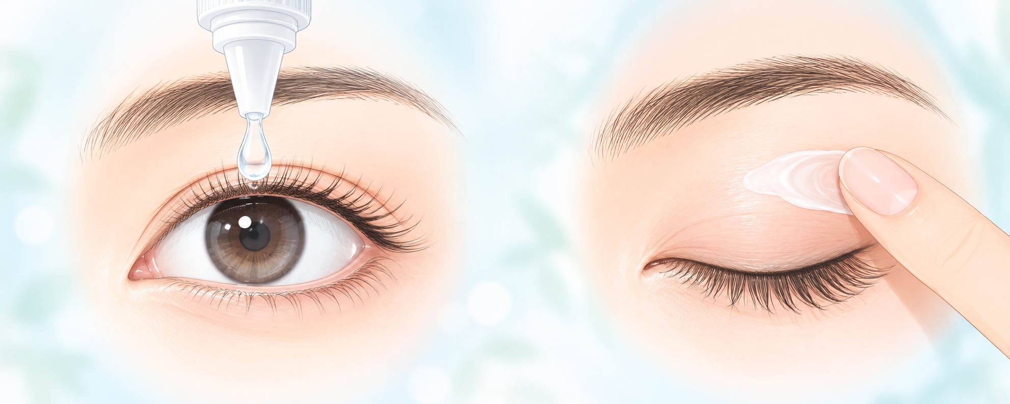 点眼薬は目に点眼し、眼瞼クリームは閉じた目のまぶたの皮膚に塗ることを示したイラスト