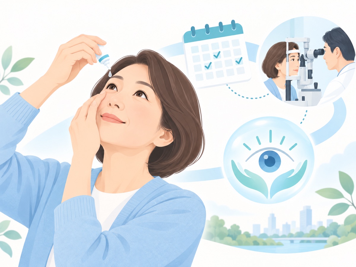 点眼と定期的な眼科診察を示すイメージイラスト