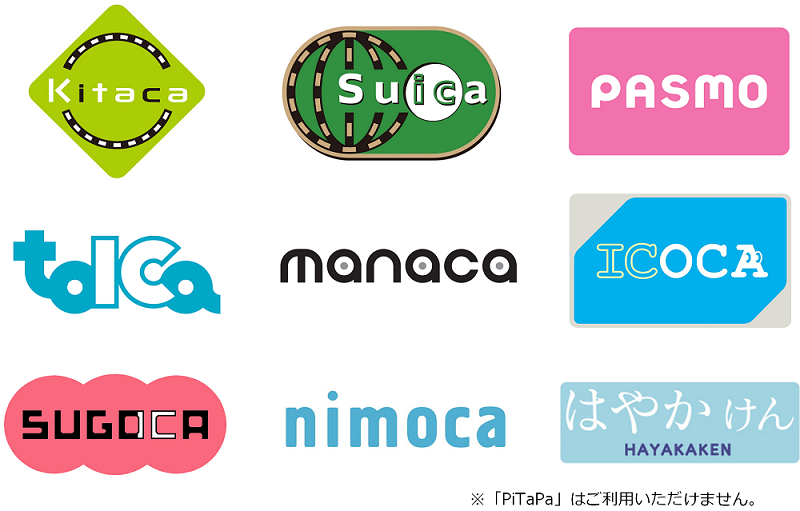 利用可能な交通系電子マネー：Kitaca、Suica、PASMO、TOICA、manaca、ICOCA、SUGOCA、nimoca、はやかけん。PiTaPaは利用できません