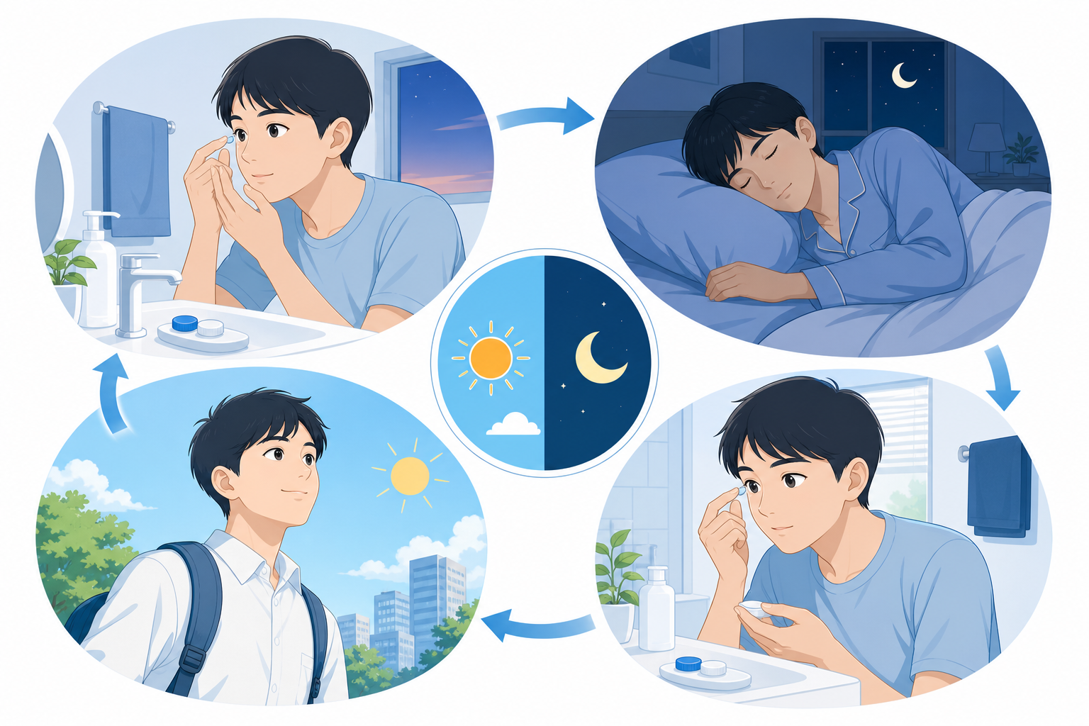 就寝前にレンズをつけ、眠っている間に角膜の形を整え、朝に外し、日中は裸眼で過ごすオルソケラトロジーの装用サイクル