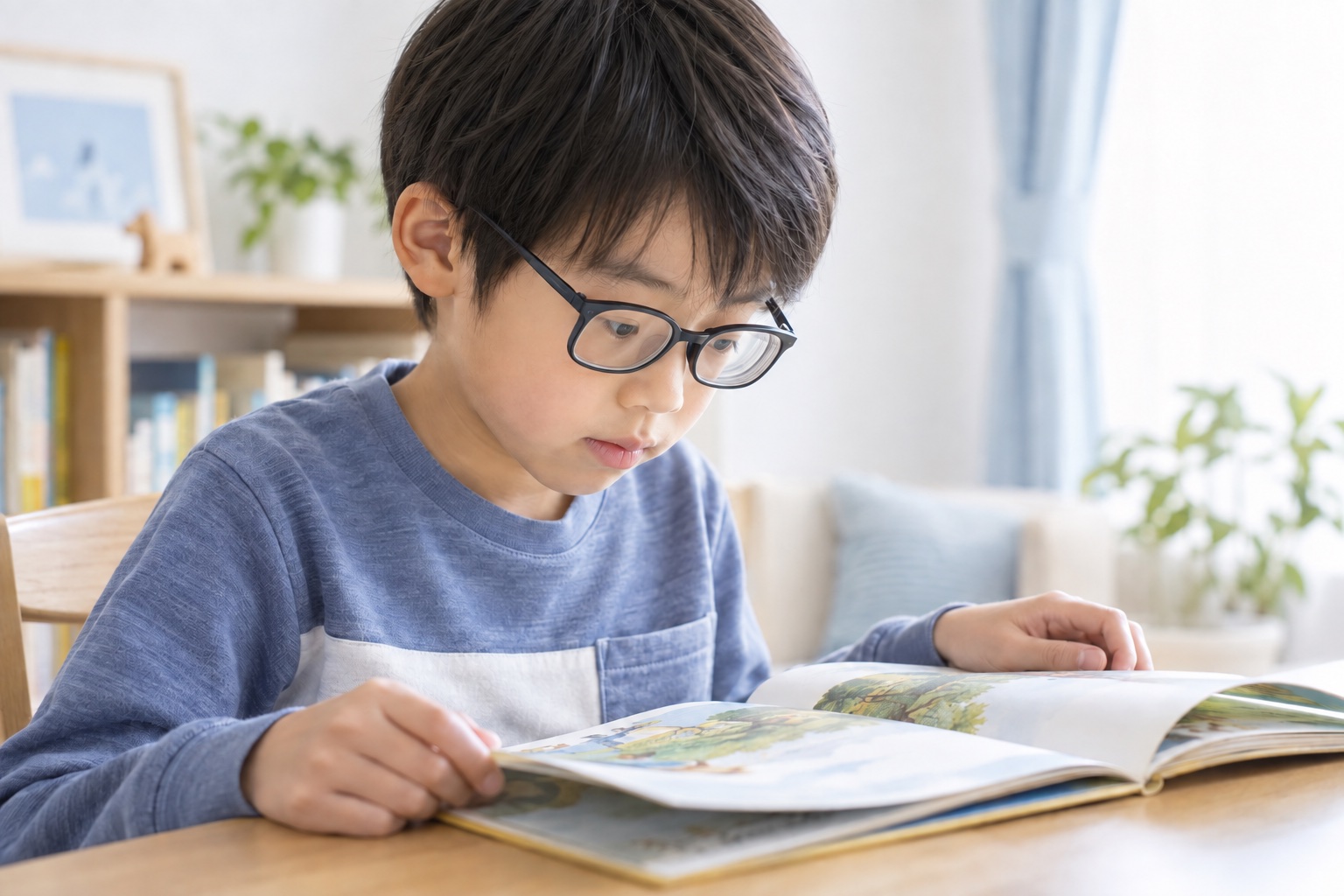 強度近視用の眼鏡をかけ、斜め横から本を読む子どものイメージ